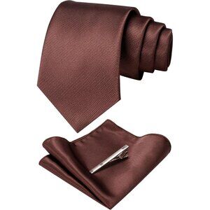 Men's Chocolate Colour Formal Necktie and Pocket Square Tie Clip Sets
